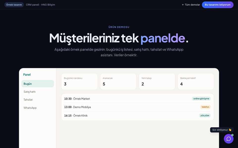 CRM ve müşteri paneli demosu